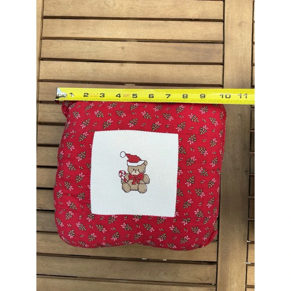 Hand Made Cross Stitch Christmas Pillows Set Of 2 Bear Snowman Holiday Decor Vtg